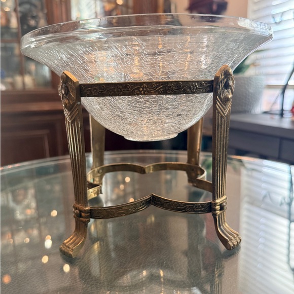 Unknown Other - Vintage Footed Brass Stand With Crackle Glass Bowl Insert